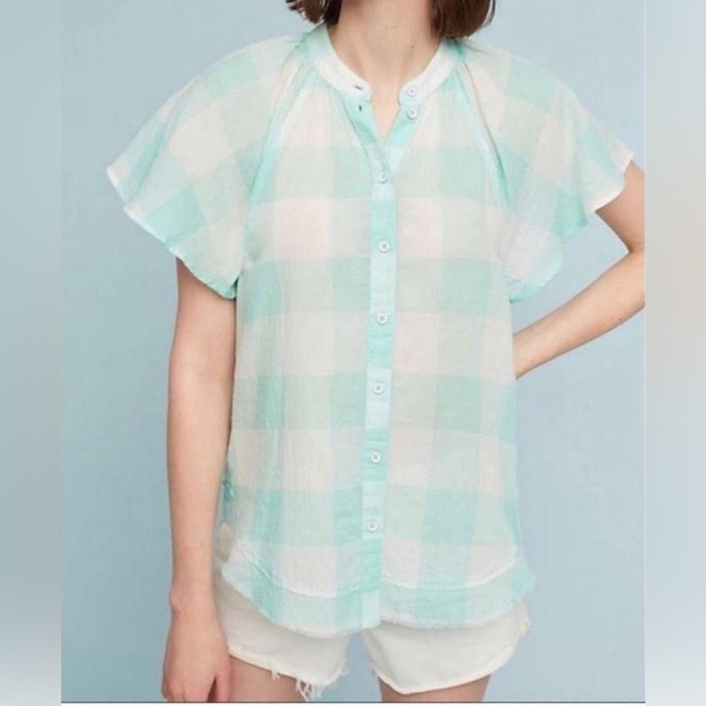 Anthropologie Maeve mint and white gingham button front top